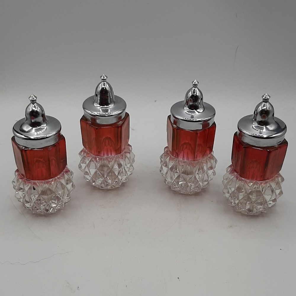 Vtg Indiana Glass Ruby Red Flash Diamond Point Crown Salt/Pepper Shakers 4 Set